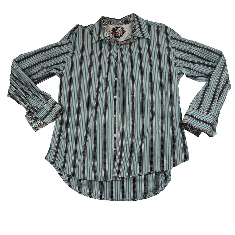 Robert Graham Shirt Mens Large Blue Black Stripe Paisley Cuff Long Sleeve Cotton